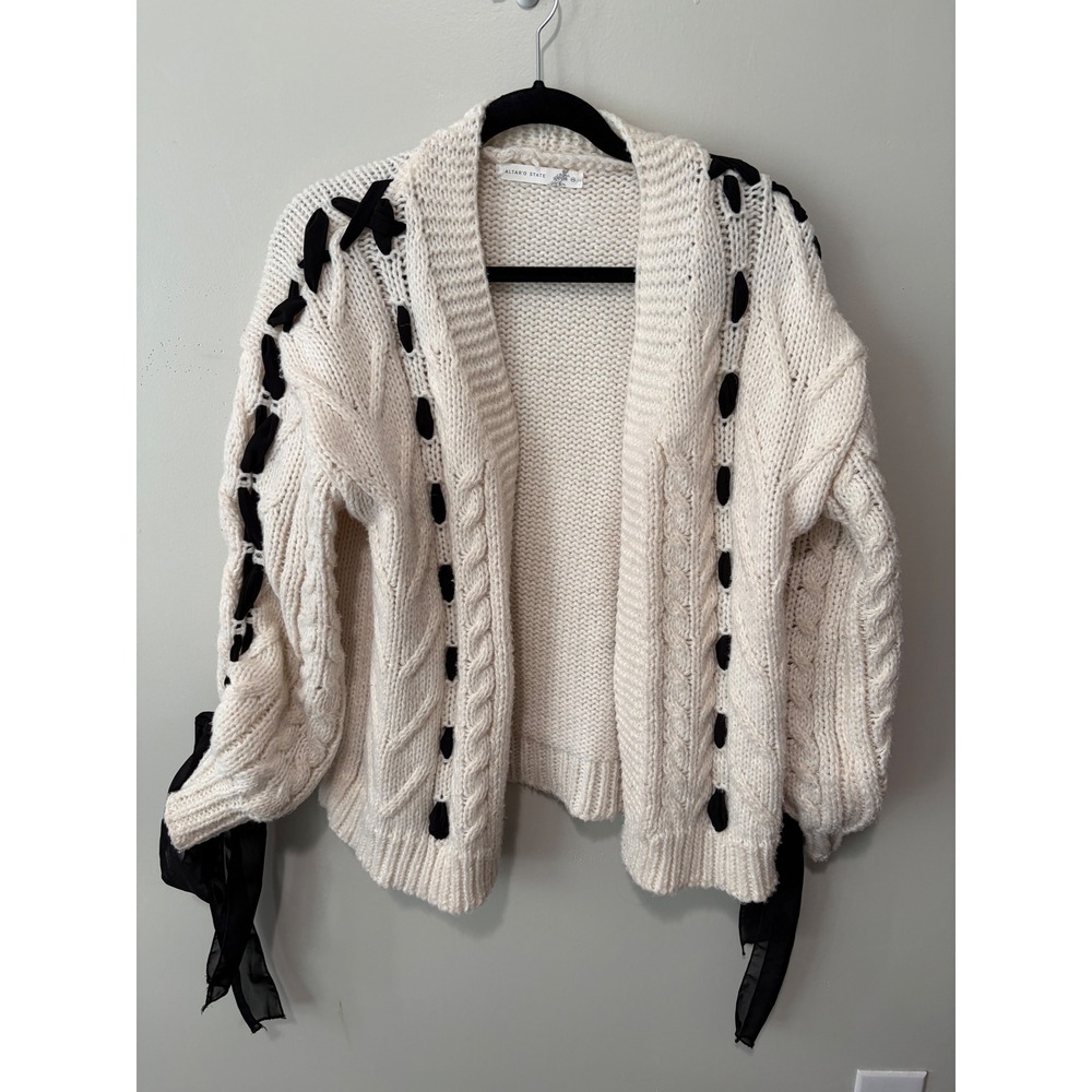 Altar'd State Cream Cable Knit Ribbon Lace Up Cardigan Sweater Ivory XS